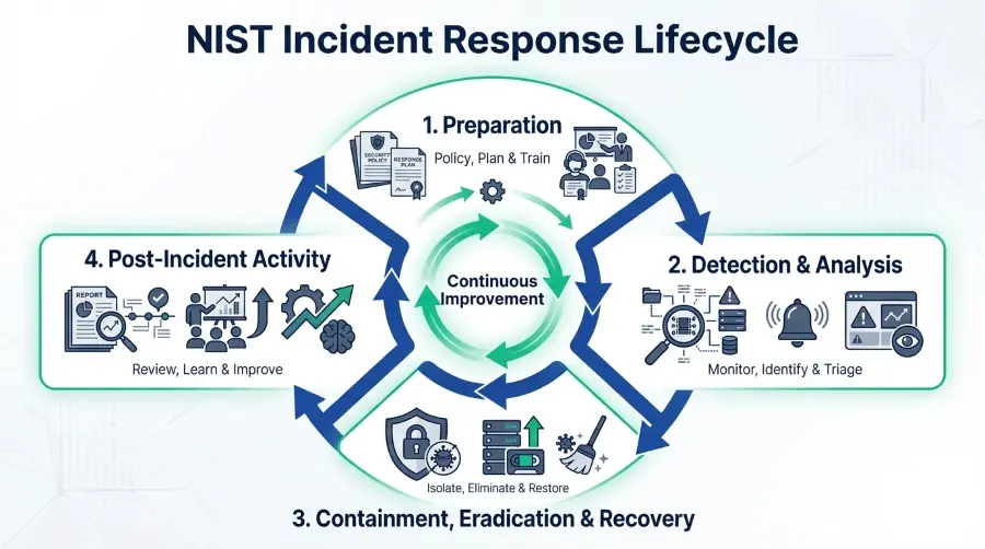 Graphic showing a defender workflow for escalation and persistence events, including log monitoring, EDR alerts, behavioral analytics, containment, and cleanup actions.